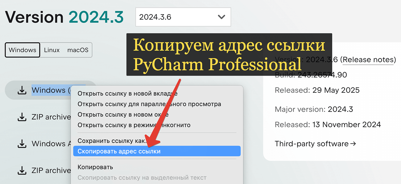 Скачивание PyCharm&nbsp;&mdash; шаг 3
